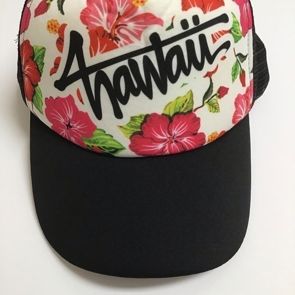 HAWAII Surfer Hat Mesh Snapback Black Cap Pink Hibiscus Floral Adjust Surferware - Picture 2 of 11